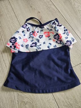 Girls Navy Floral Off-Shoulder Swim Top